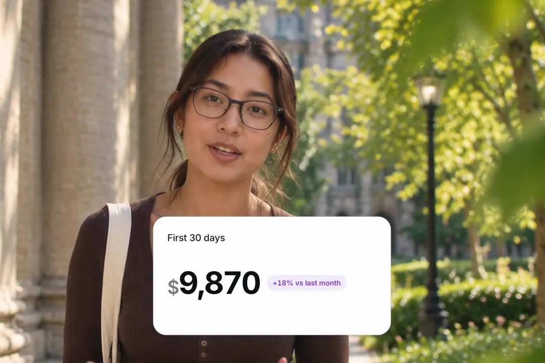 A creator talking to camera with a money counter card: First 30 days, $9,870