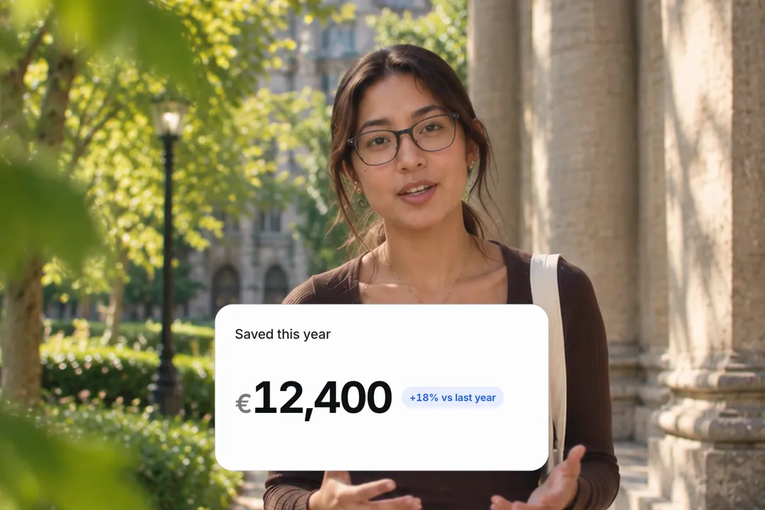 A creator talking to camera with a money counter card: Saved this year, €12,400