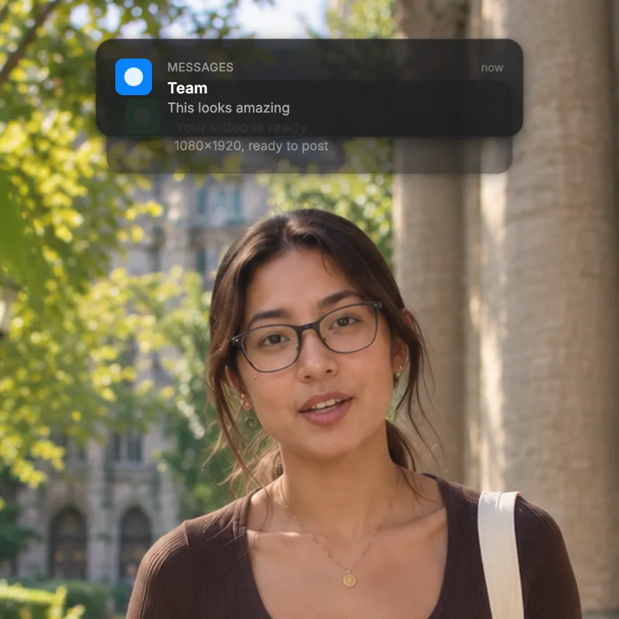 A creator talking to camera with two iOS-style notifications stacked: Team on top of Your video is ready