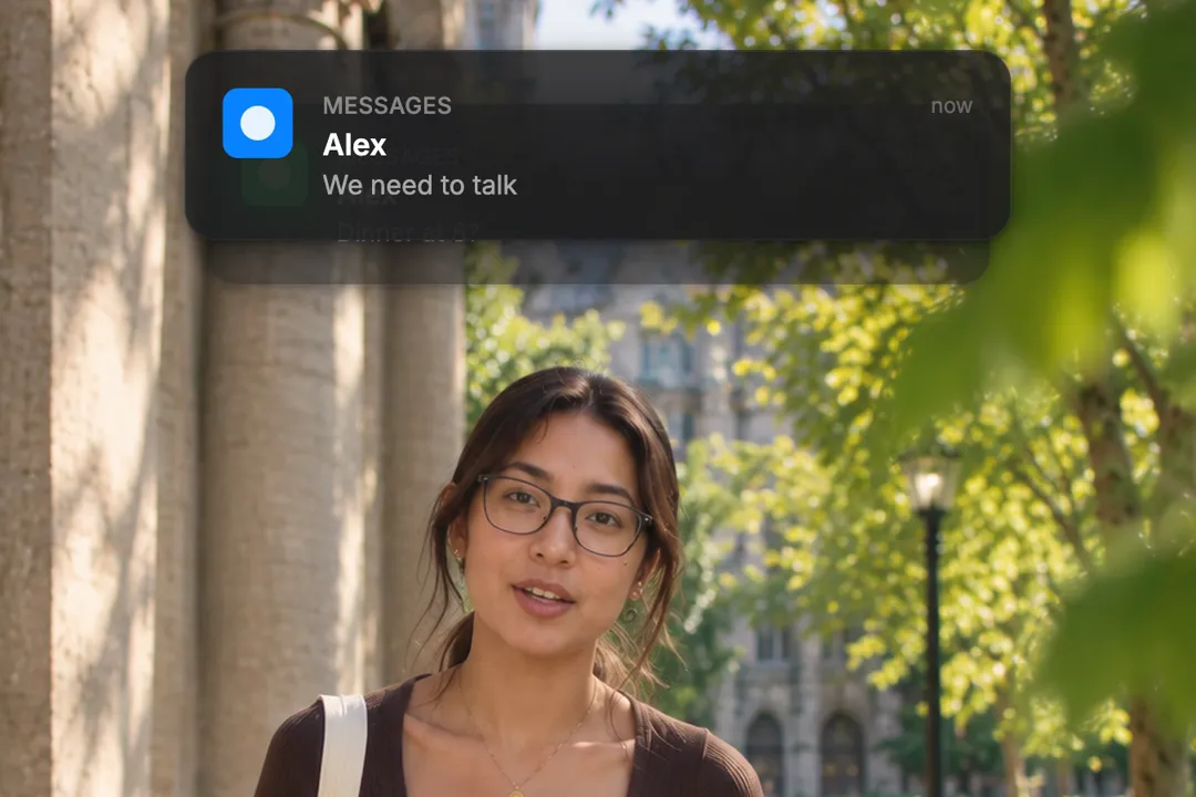 A creator talking to camera with two iOS-style notifications stacked: Alex on top of Alex