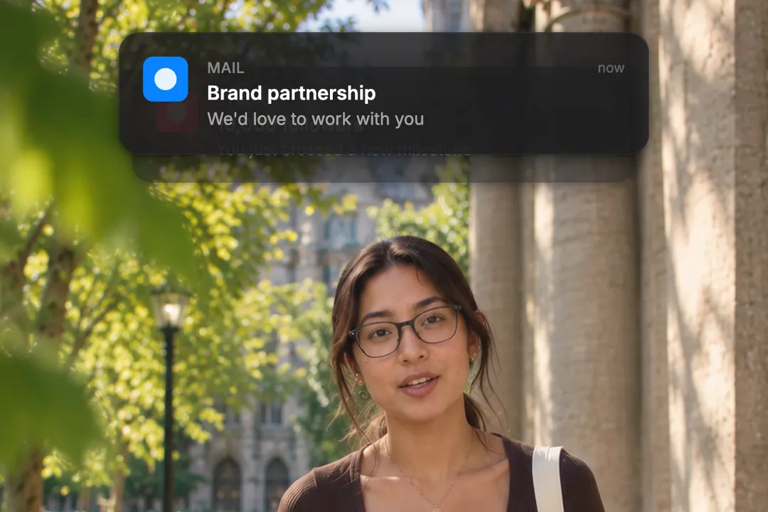 A creator talking to camera with two iOS-style notifications stacked: Brand partnership on top of 10,000 followers