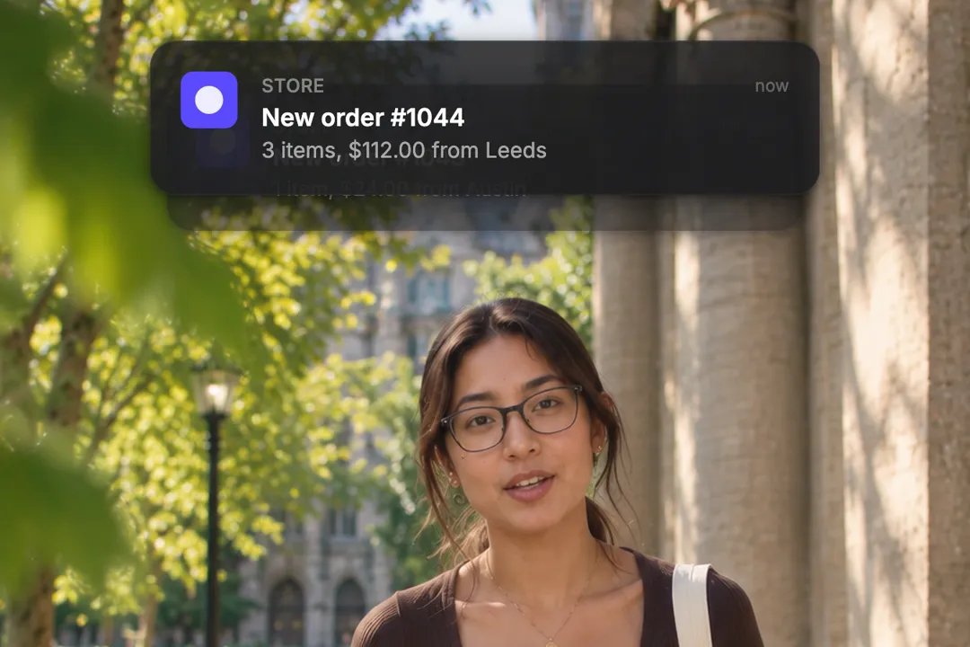 A creator talking to camera with two iOS-style notifications stacked: New order #1044 on top of New order #1043
