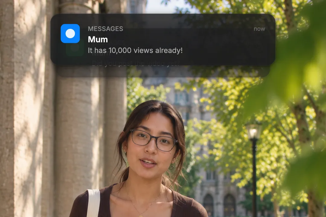 A creator talking to camera with two iOS-style notifications stacked: Mum on top of Mum