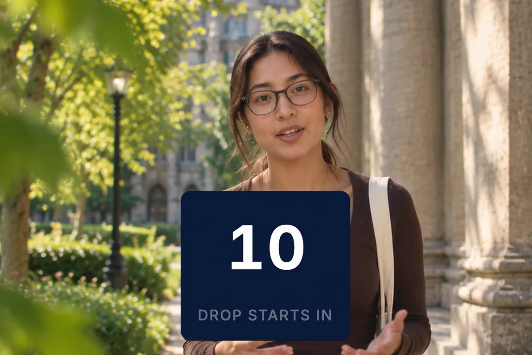 A creator talking to camera with a number counter card reading 10 drop starts in