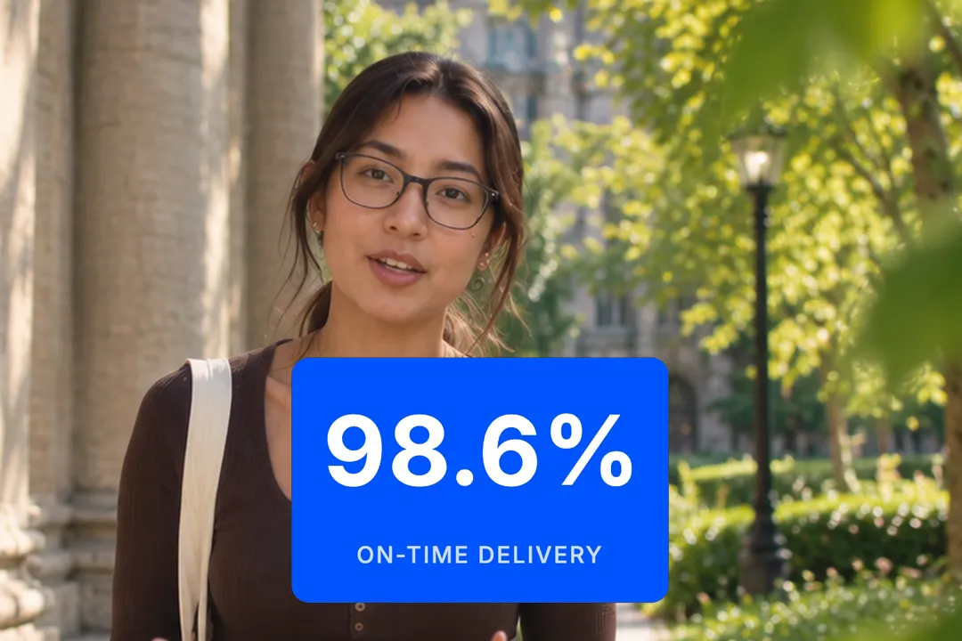 A creator talking to camera with a number counter card reading 98.6% on-time delivery