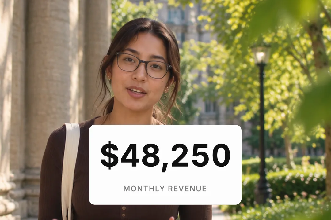 A creator talking to camera with a number counter card reading $48,250 monthly revenue