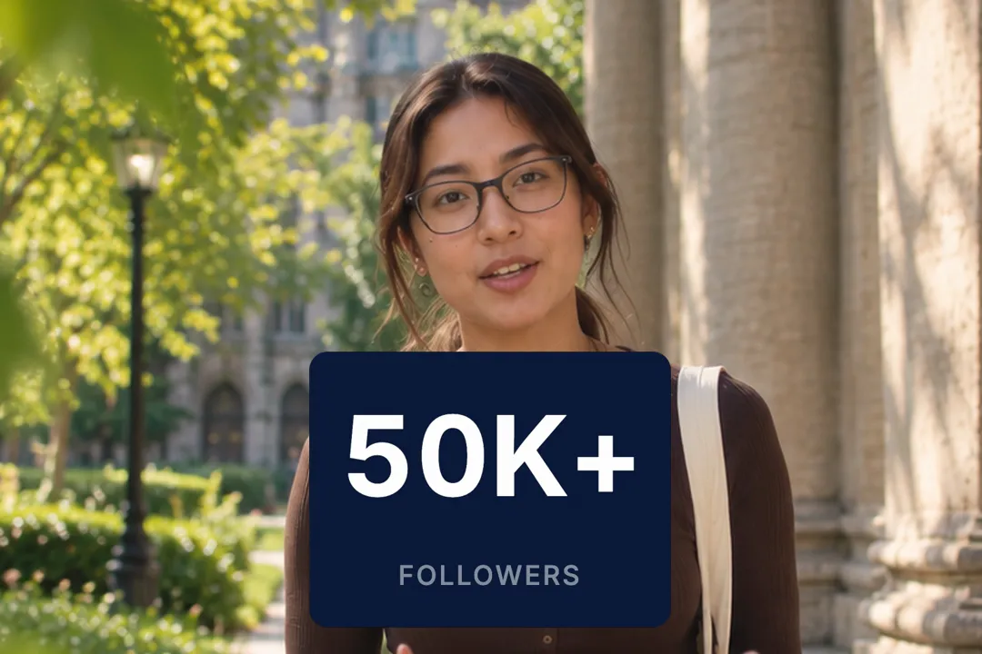 A creator talking to camera with a number counter card reading 50K+ followers