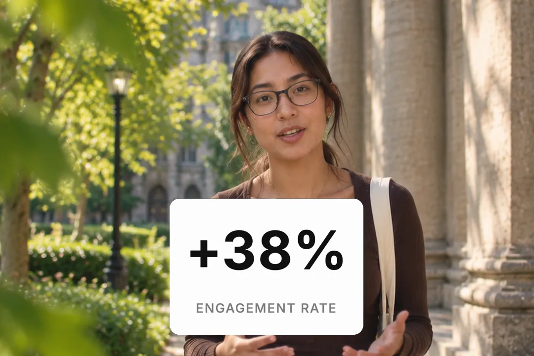 A creator talking to camera with a number counter card reading +38% engagement rate