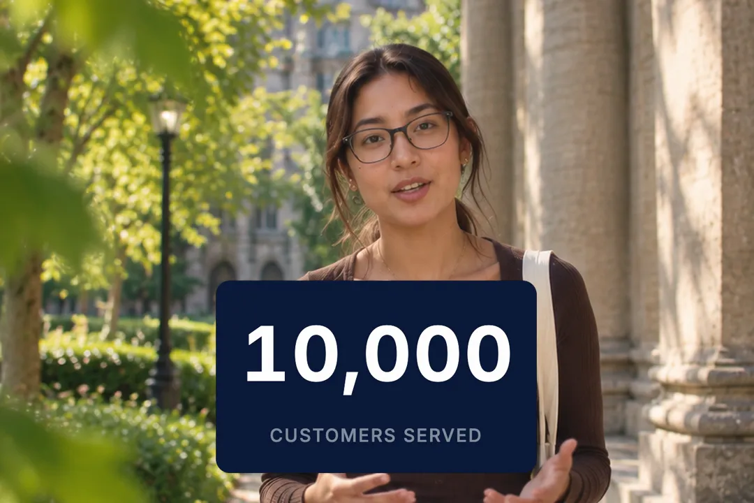 A creator talking to camera with a number counter card reading 10,000 customers served