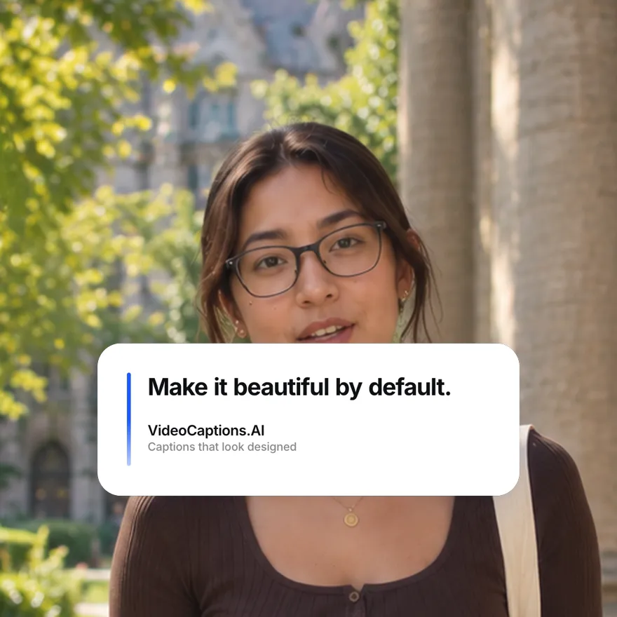 A creator talking to camera with an animated quote card: Make it beautiful by default.
