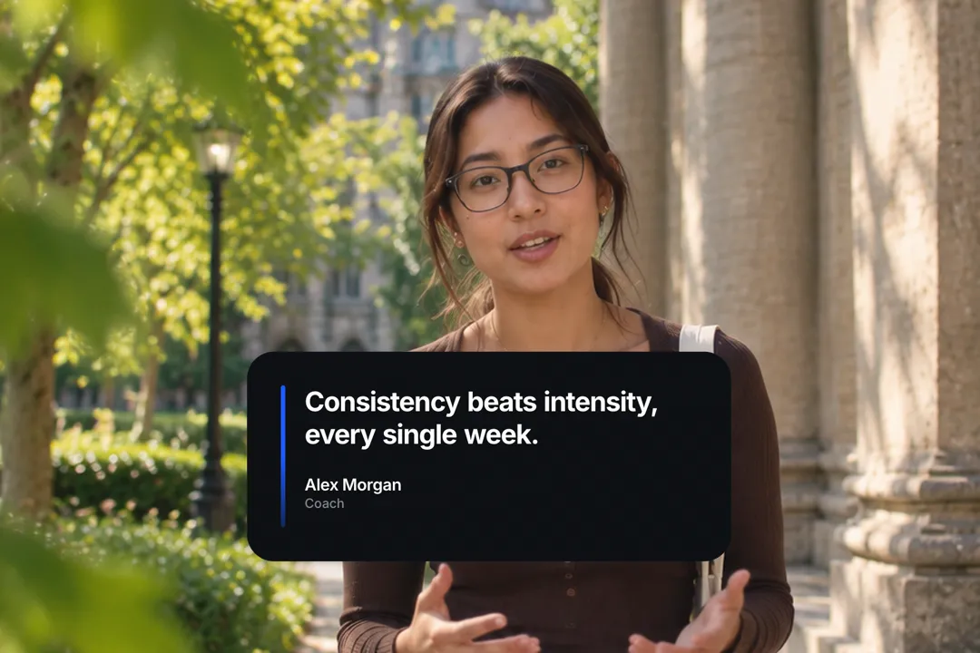 A creator talking to camera with an animated quote card: Consistency beats intensity, every single week.