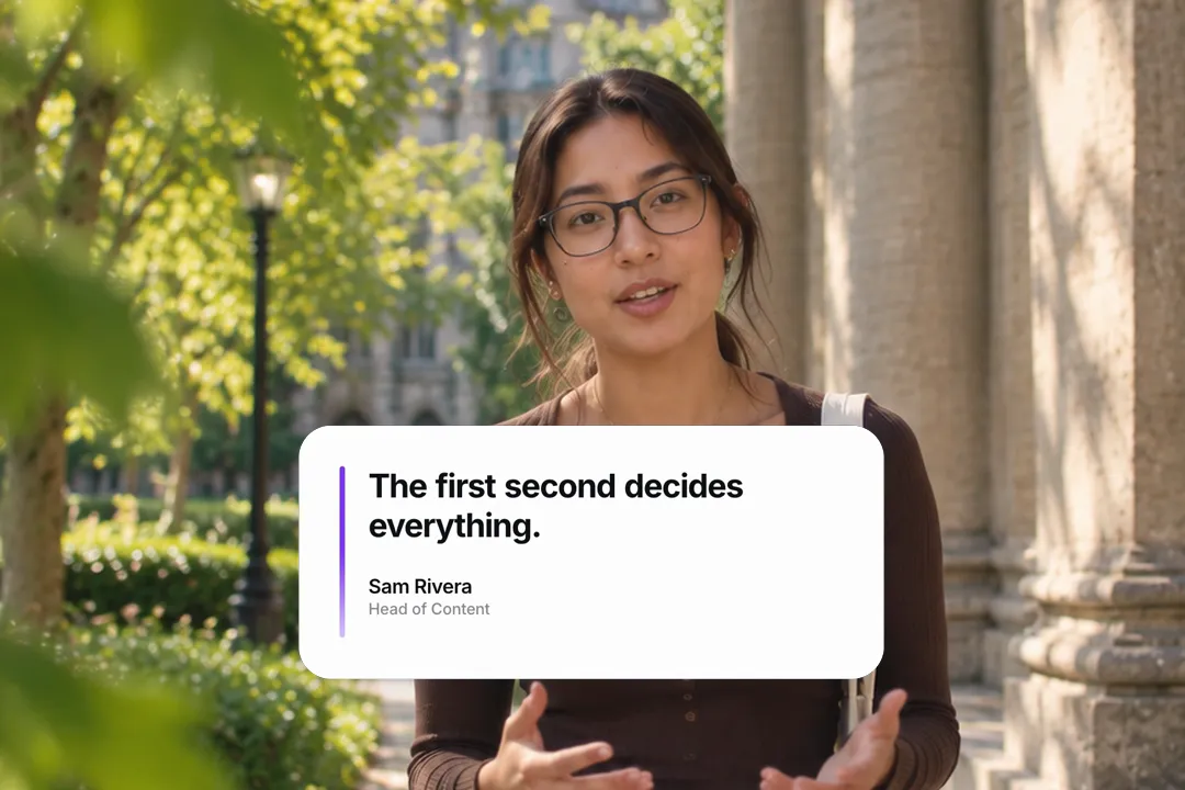 A creator talking to camera with an animated quote card: The first second decides everything.