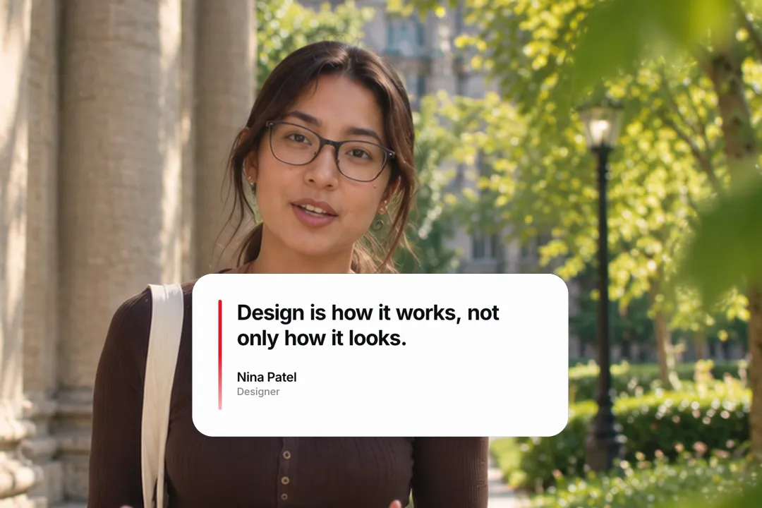 A creator talking to camera with an animated quote card: Design is how it works, not only how it looks.