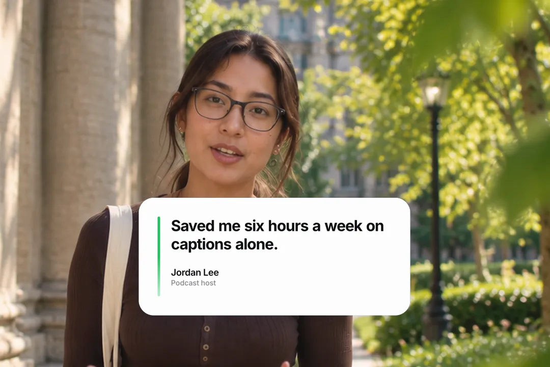 A creator talking to camera with an animated quote card: Saved me six hours a week on captions alone.