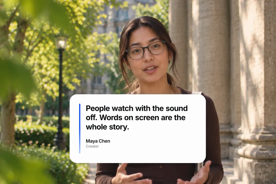 A creator talking to camera with an animated quote card: People watch with the sound off. Words on screen are the whole story.