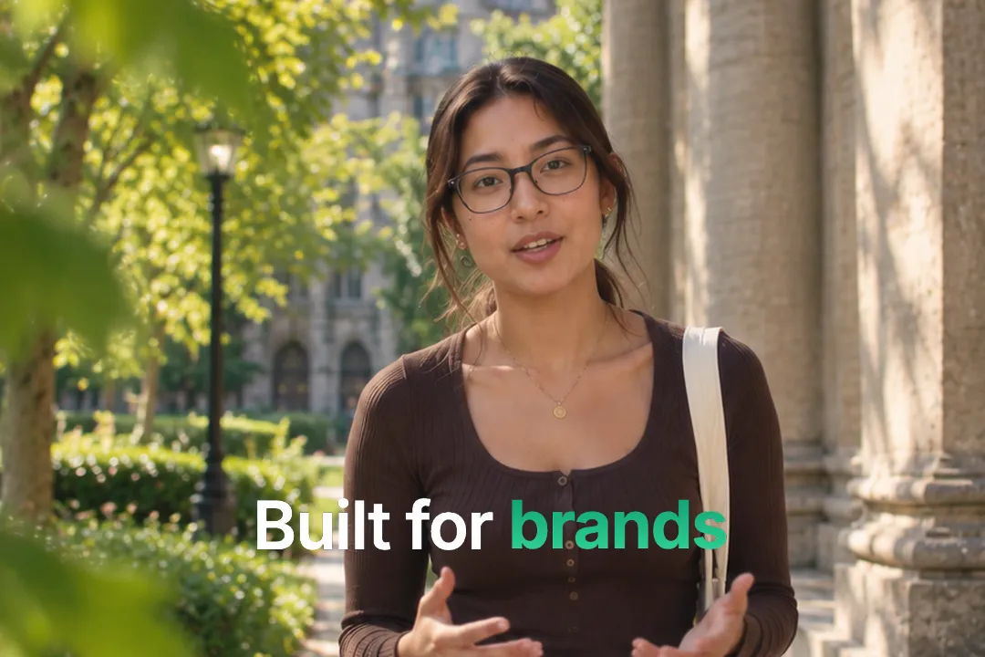 A creator talking to camera with rotating text: Built for creators, teams, brands