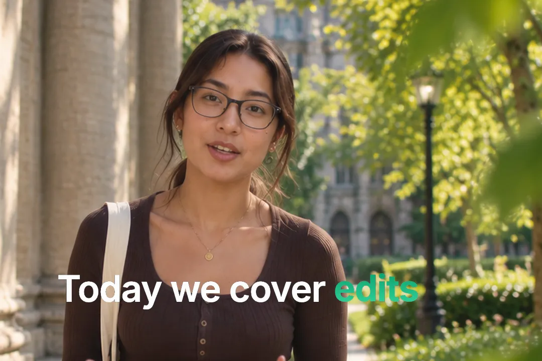 A creator talking to camera with rotating text: Today we cover hooks, captions, edits