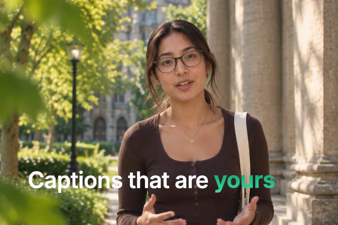 A creator talking to camera with rotating text: Captions that are fast, beautiful, free