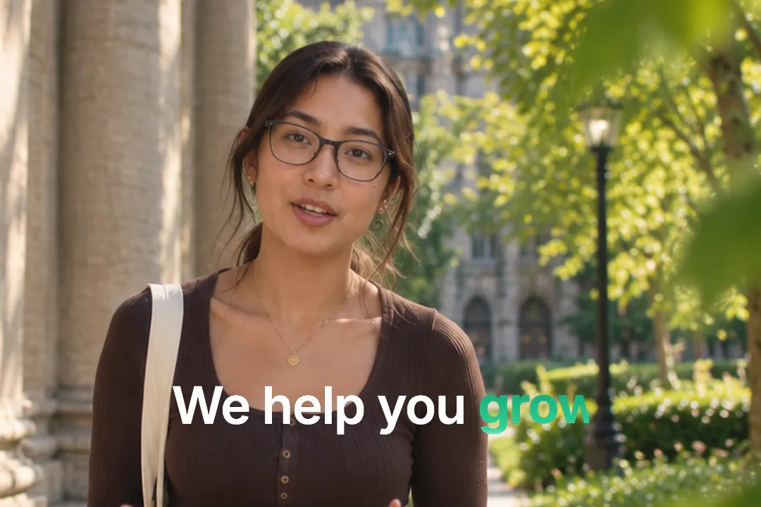 A creator talking to camera with rotating text: We help you write, ship, grow