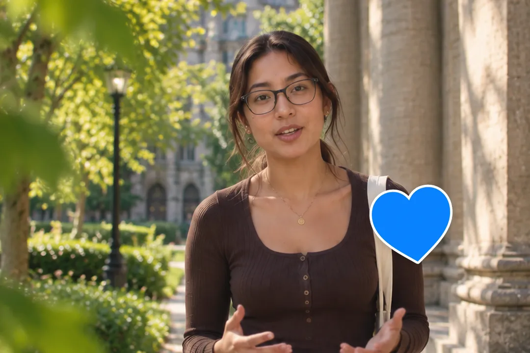 A creator talking to camera with an animated like sticker with a white die-cut border