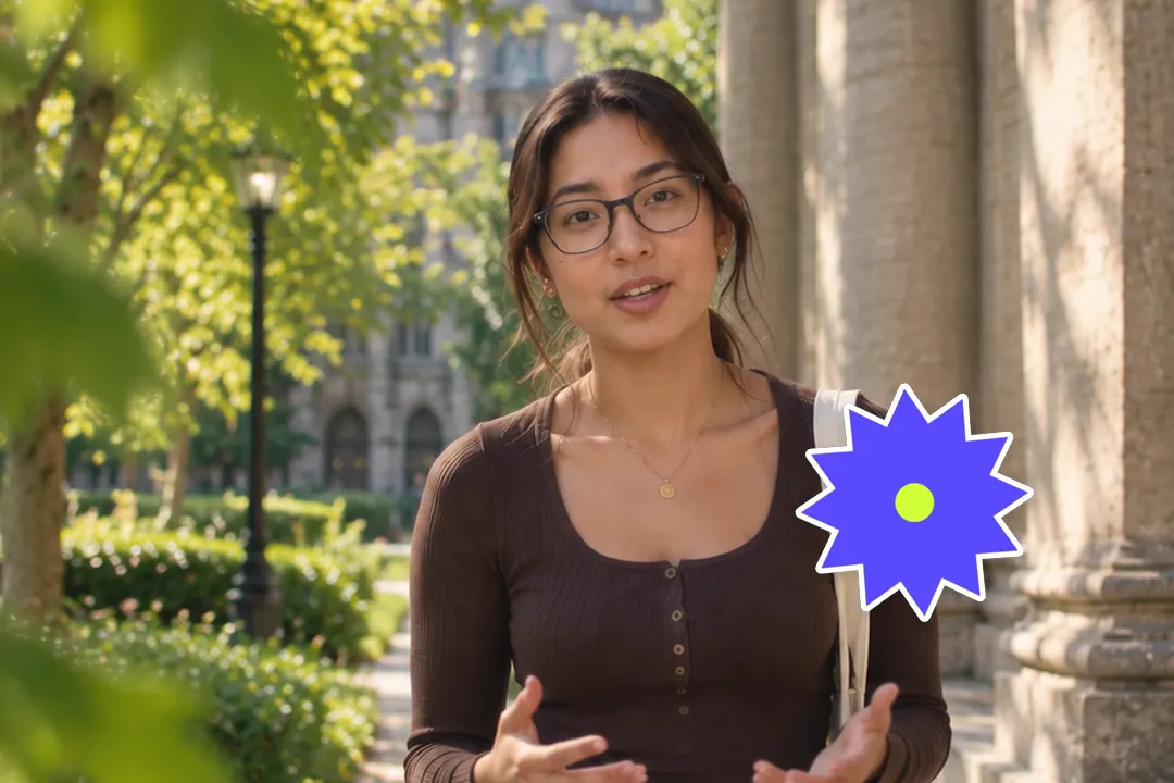 A creator talking to camera with an animated burst sticker with a white die-cut border