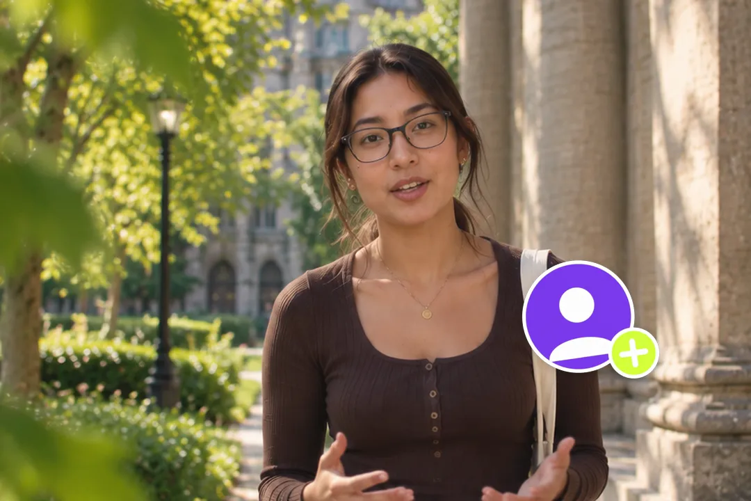 A creator talking to camera with an animated follow sticker with a white die-cut border