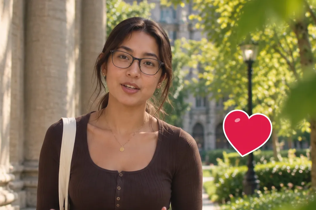 A creator talking to camera with an animated heart sticker with a white die-cut border