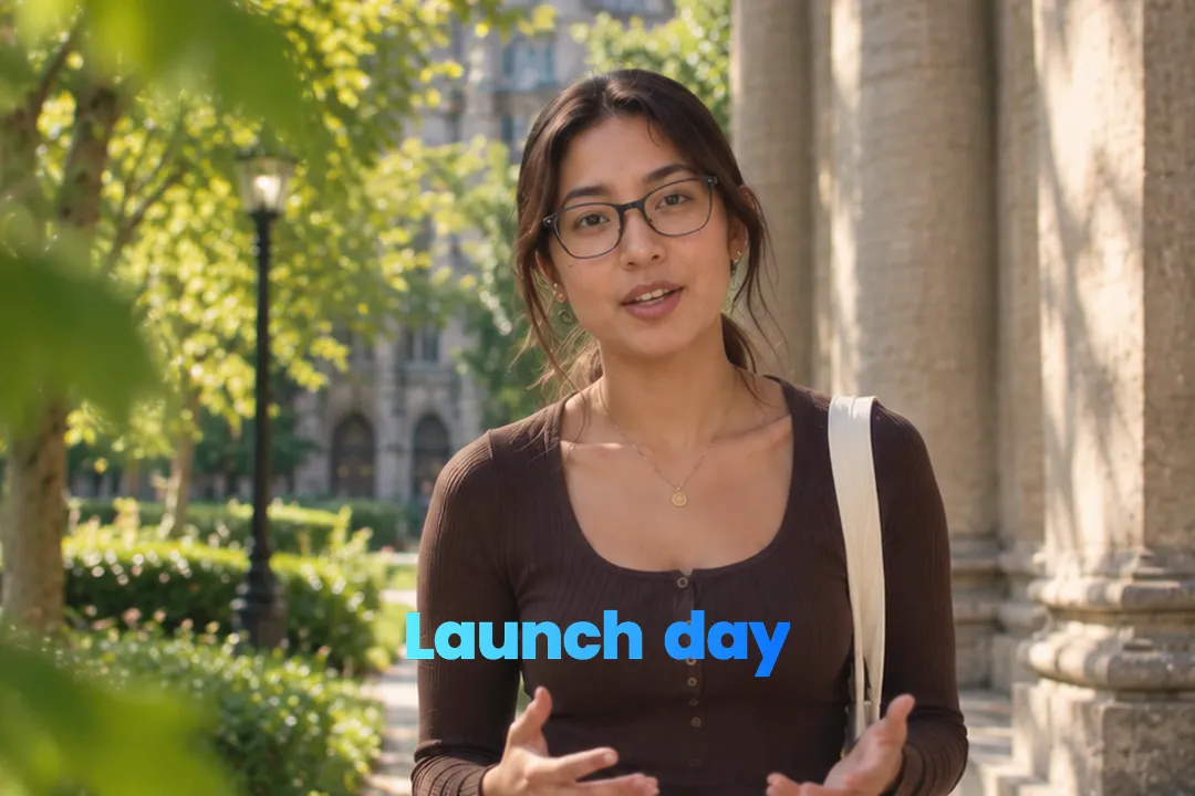A creator talking to camera with the words Launch day revealed by sliding up