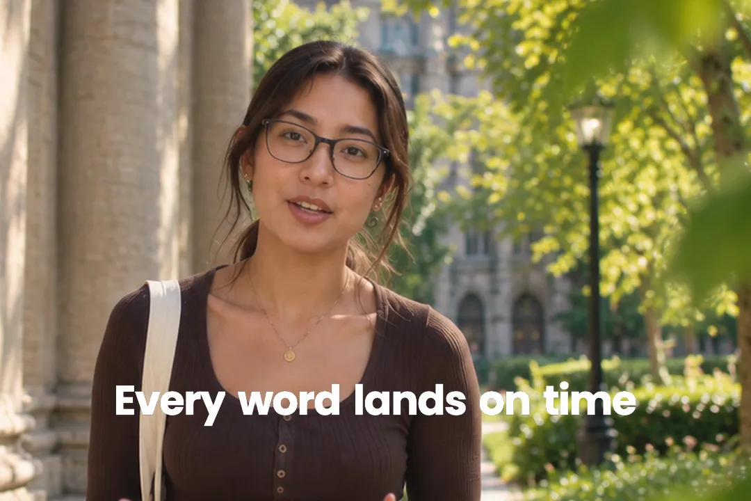 A creator talking to camera with the words Every word lands on time revealed by sliding up