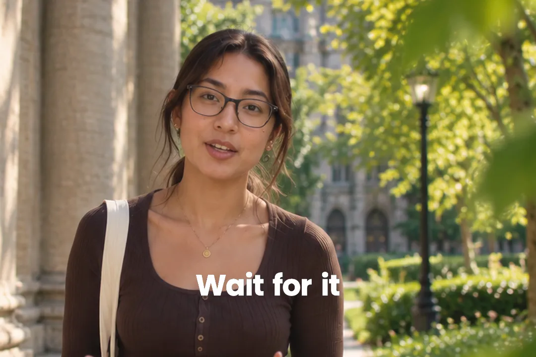 A creator talking to camera with the words Wait for it revealed by sliding up