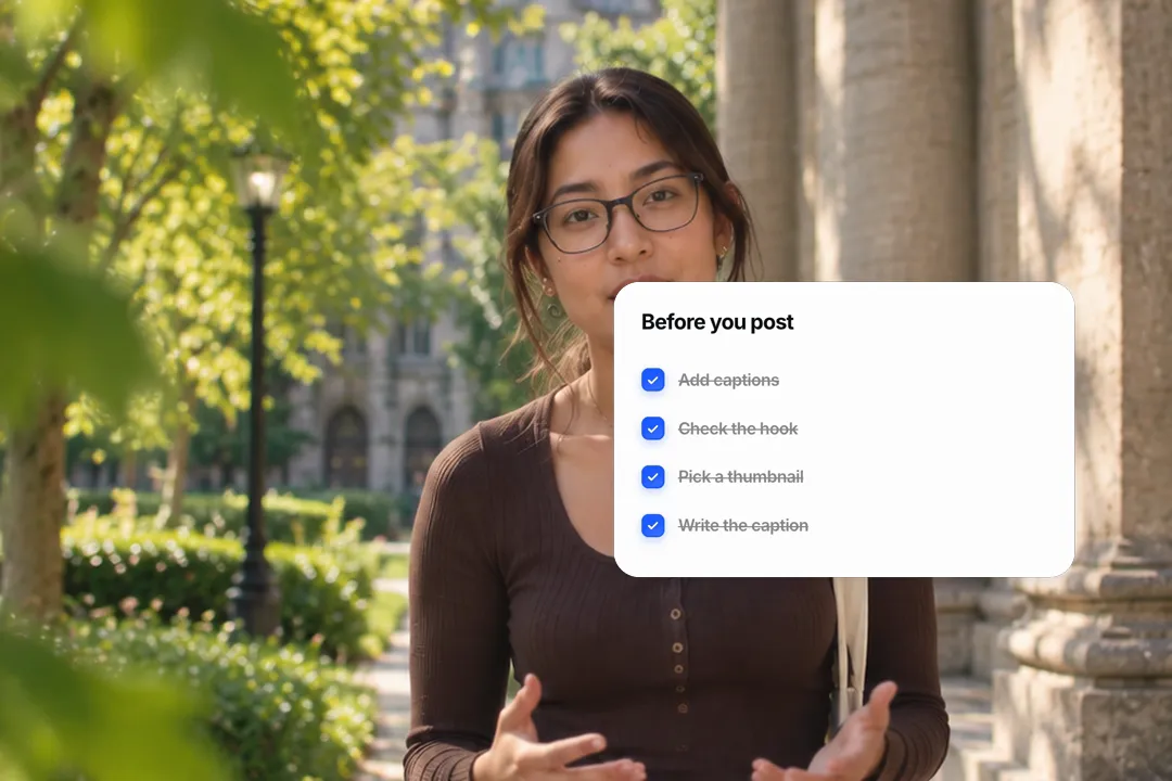 A creator talking to camera with an animated checklist card titled Before you post