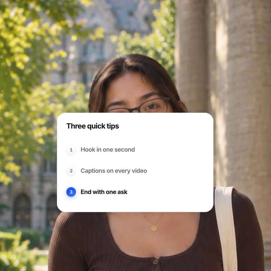 A creator talking to camera with a numbered points card titled Three quick tips