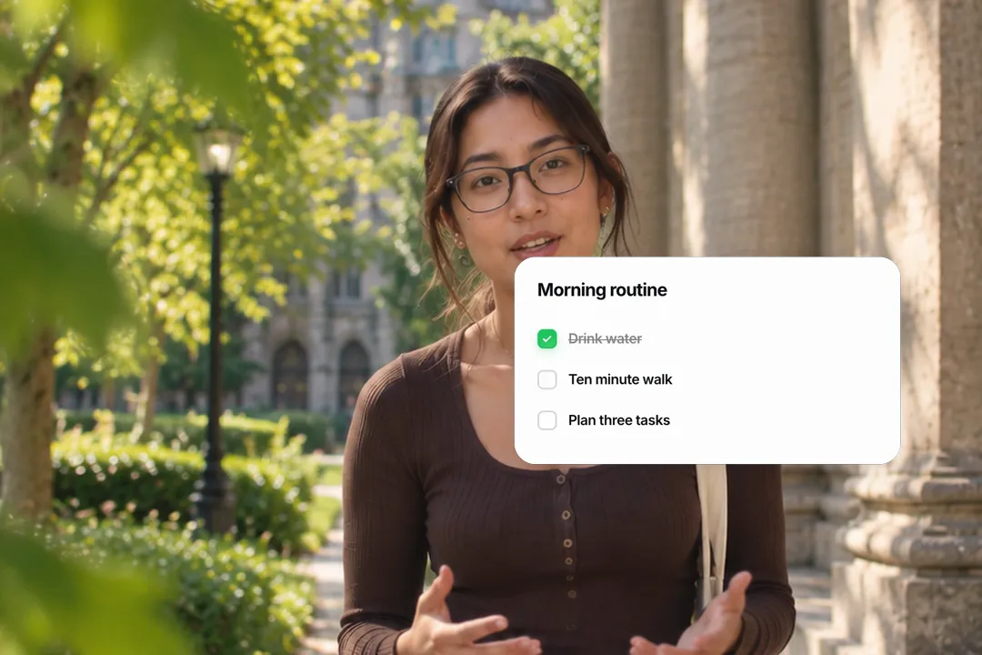 A creator talking to camera with an animated checklist card titled Morning routine