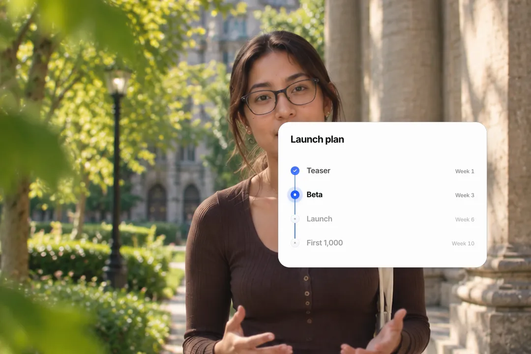 A creator talking to camera with an animated timeline card titled Launch plan