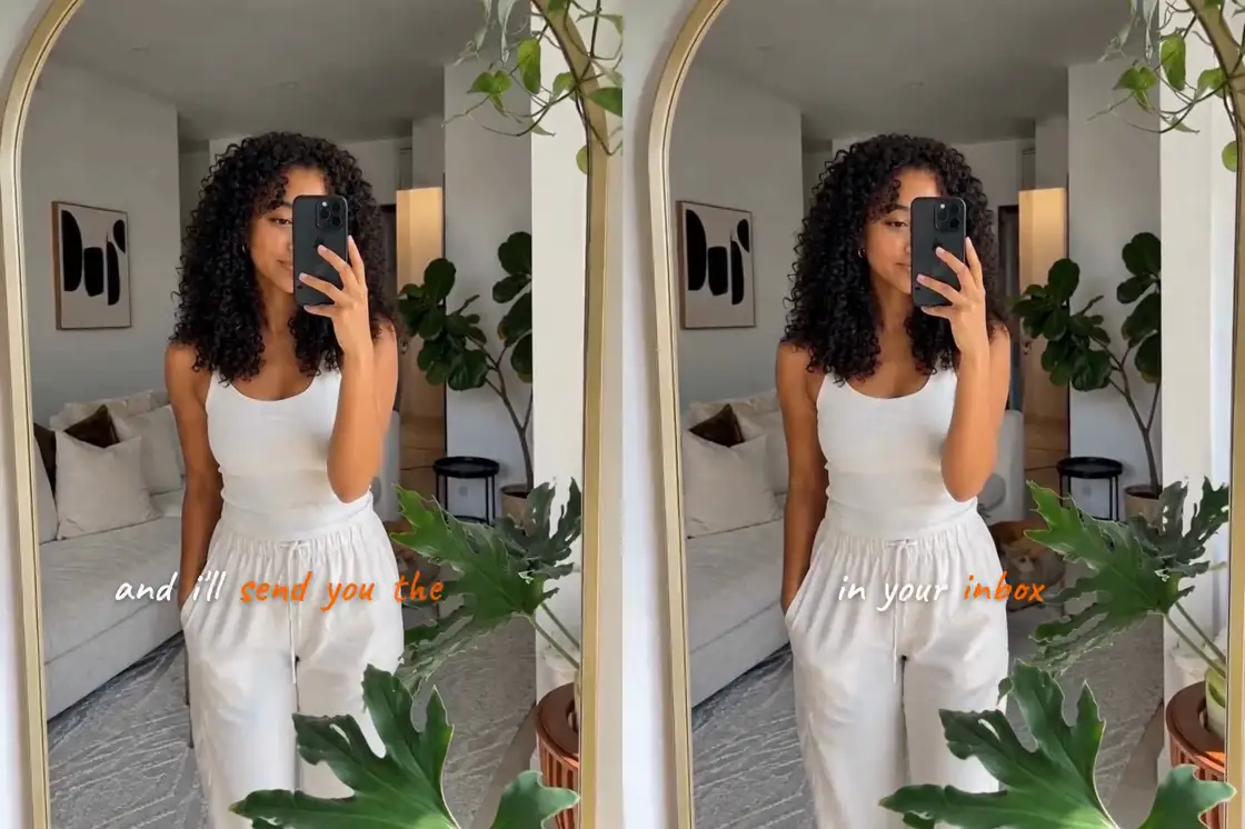 A mirror selfie vlog ending with handwritten captions: and i'll send you the, in your inbox