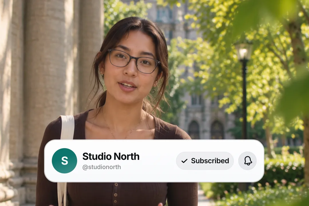 A creator talking to camera with a subscribe card for Studio North with the button flipped to Subscribed