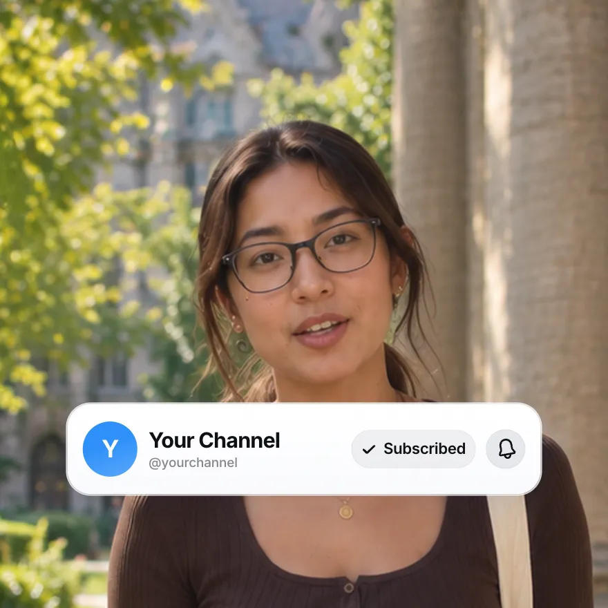 A creator talking to camera with a subscribe card for Your Channel with the button flipped to Subscribed