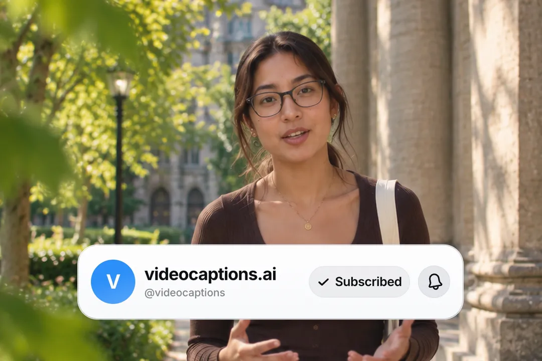 A creator talking to camera with a subscribe card for videocaptions.ai with the button flipped to Subscribed