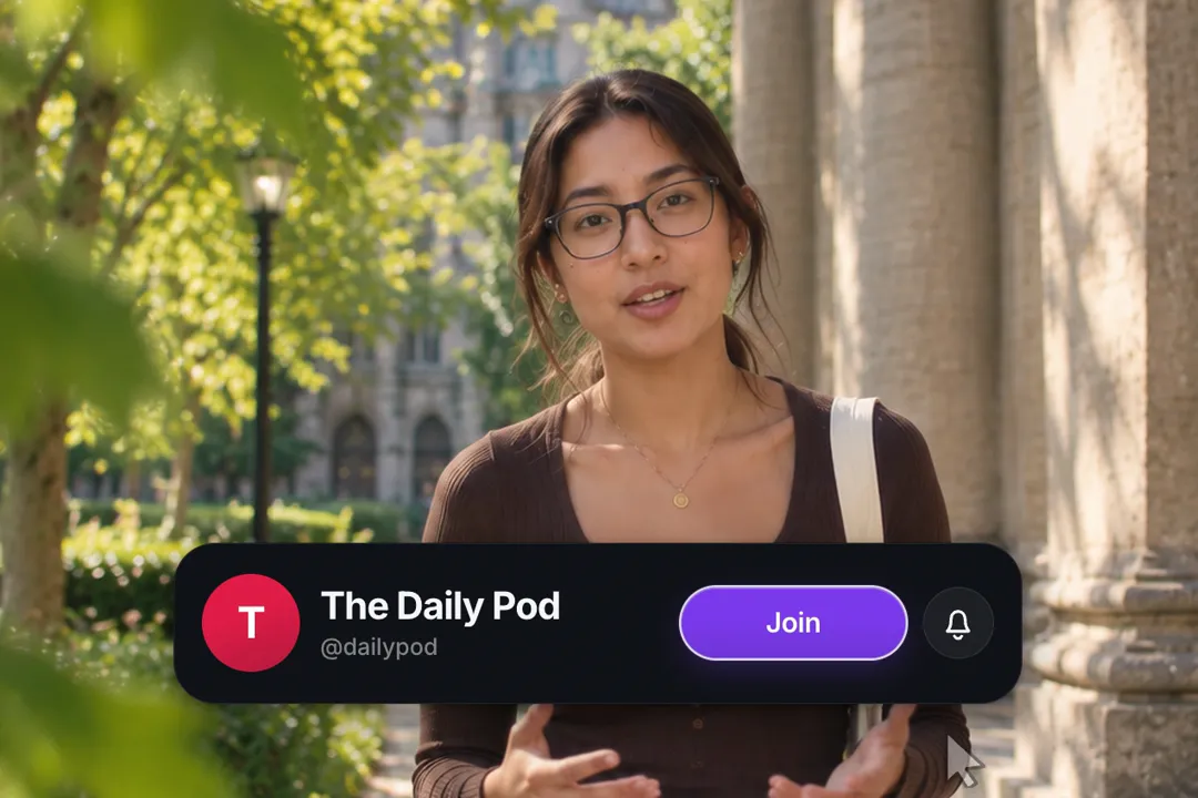 A creator talking to camera with a subscribe card for The Daily Pod with the button flipped to Joined
