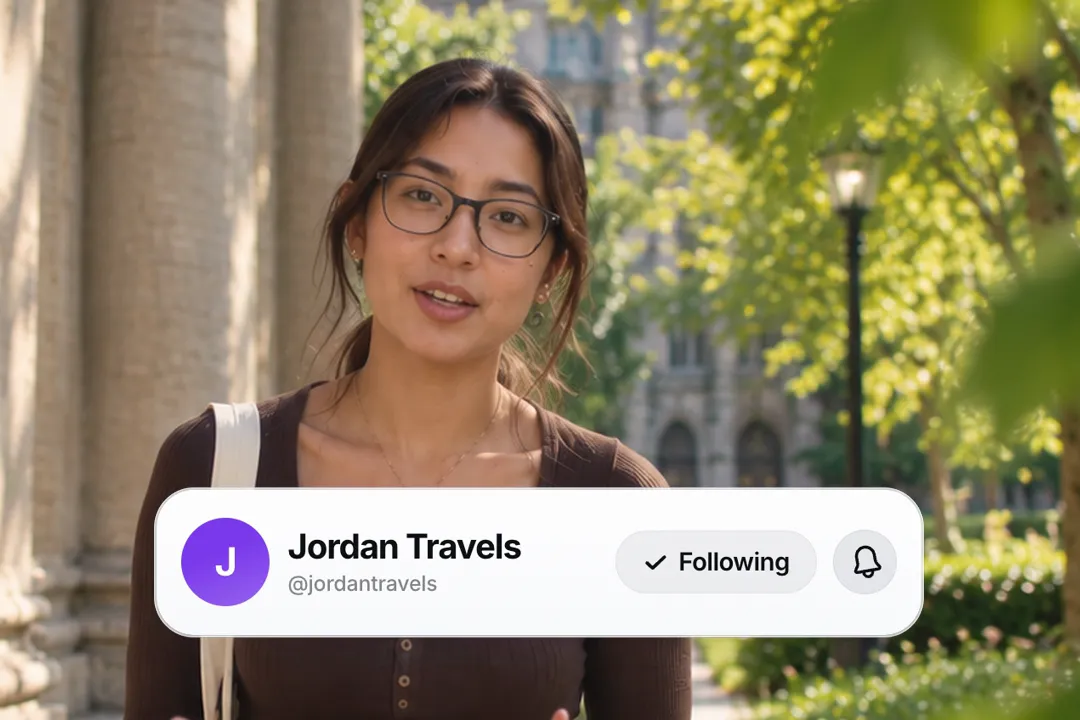 A creator talking to camera with a subscribe card for Jordan Travels with the button flipped to Following