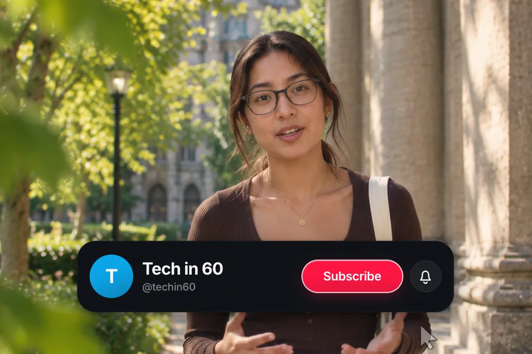 A creator talking to camera with a subscribe card for Tech in 60 with the button flipped to Subscribed